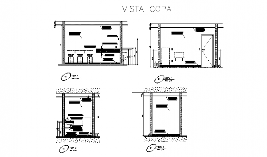 Cafeteria toilets sections and sanitary installation details dwg file