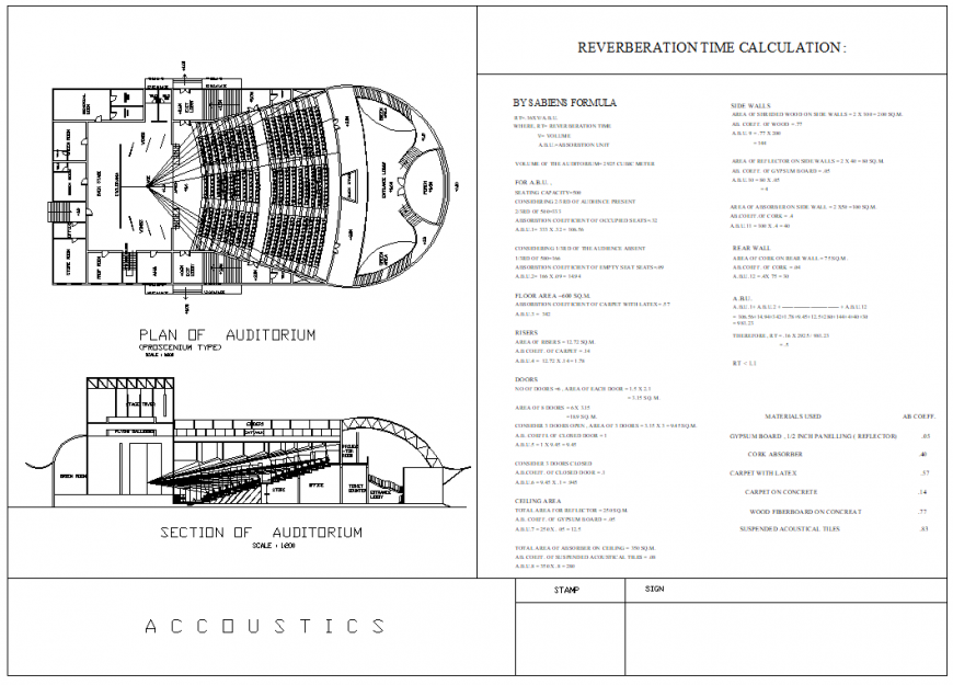 Calculation of auditorium plan and section detail dwg file