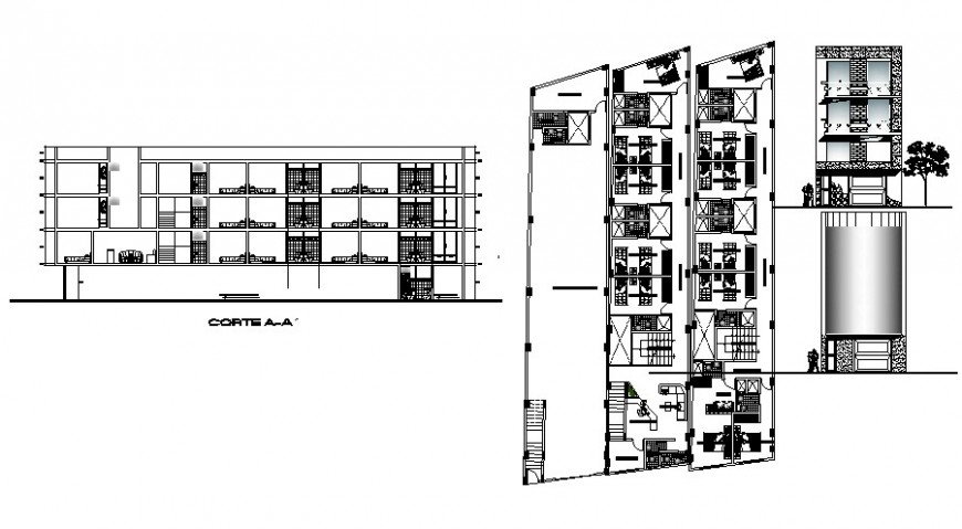 Callao hotel building elevation, section and floor plan cad drawing ...