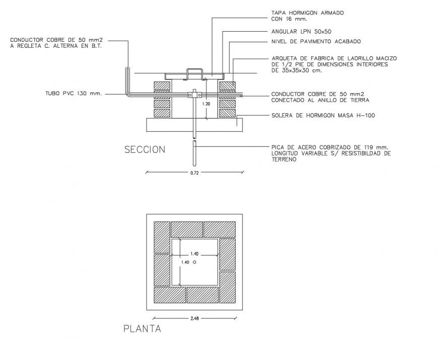 Camera ground connection section, plan and structure details dwg file