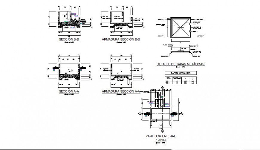 Canal detail plan and different sections 2d drawing in autocad
