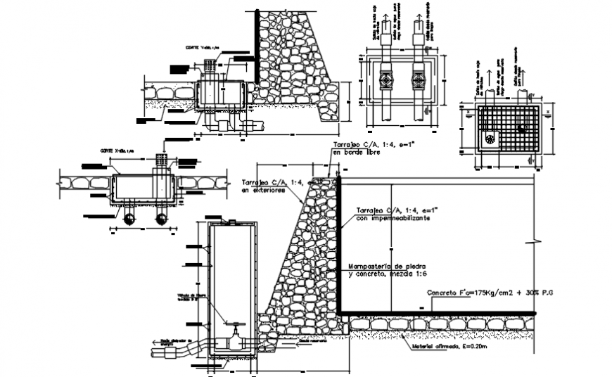 Canal walls constructive structure and plumbing details dwg file