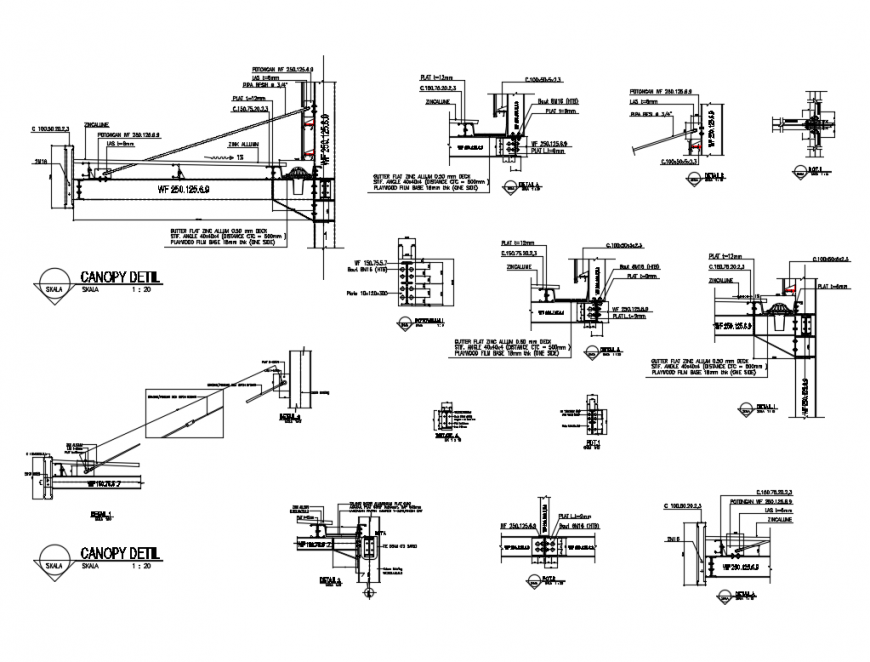 Canopy connection and plumbing construction cad drawing details dwg file