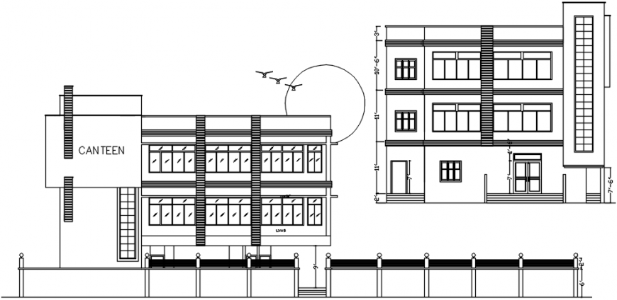 Canteen main front and side elevation cad drawing details dwg file