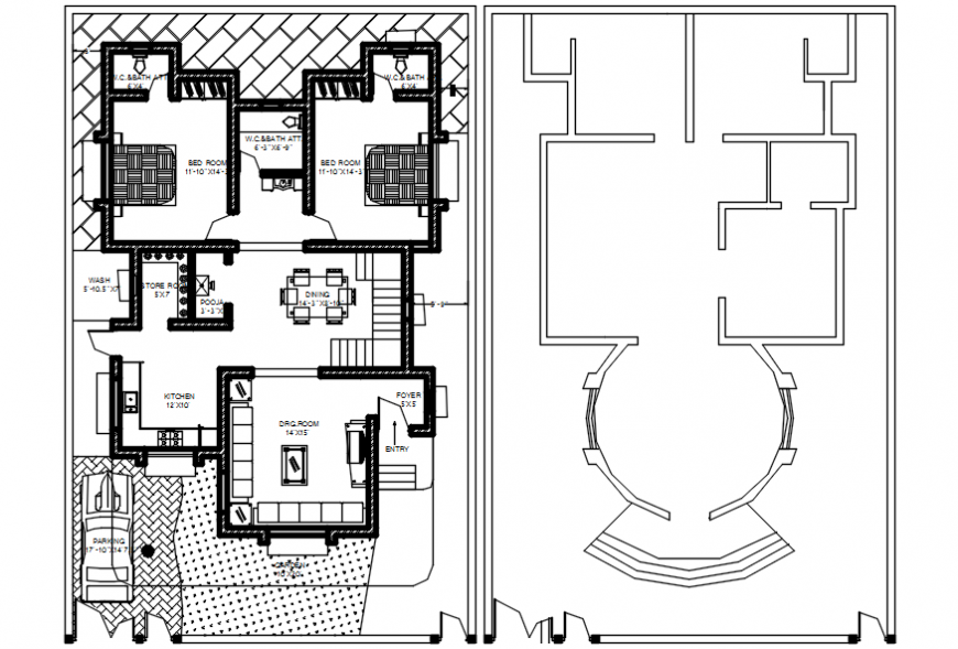 Car aprking layout with furniture layout of house dwg file