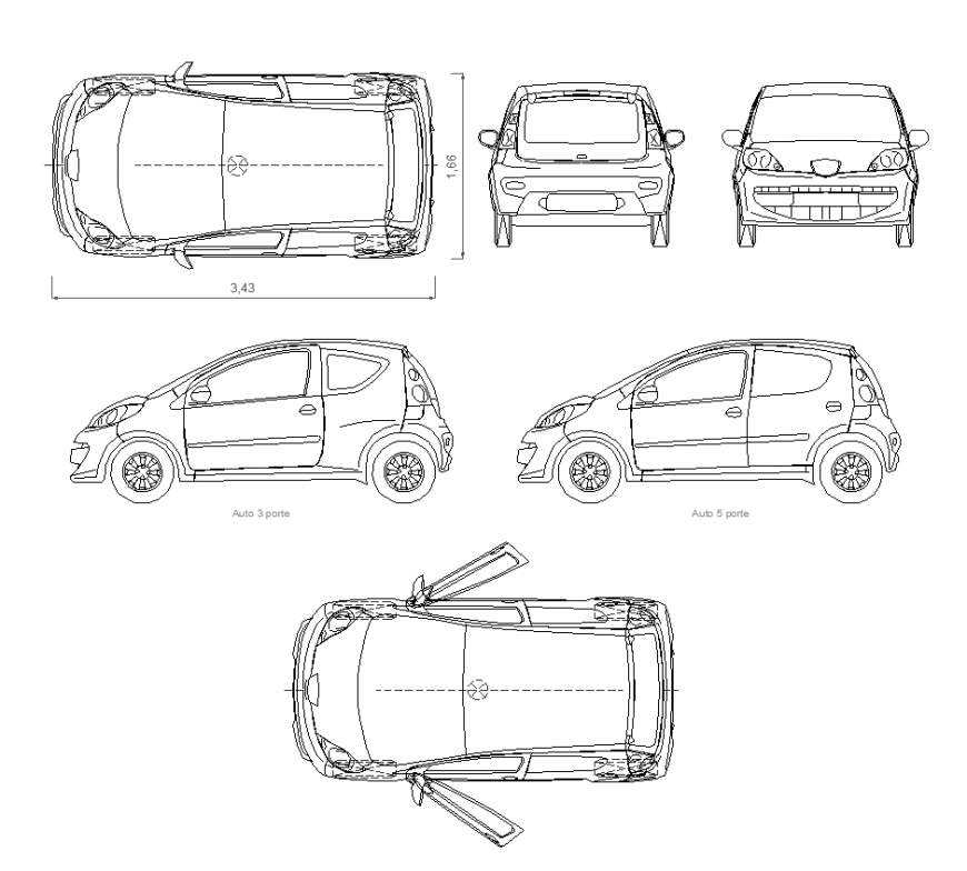 Car design with plan,elevation and rear detail dwg file