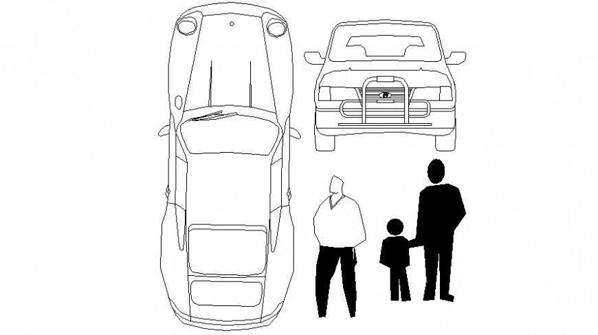 Car top view and front view elevation and people blocks drawing details dwg file