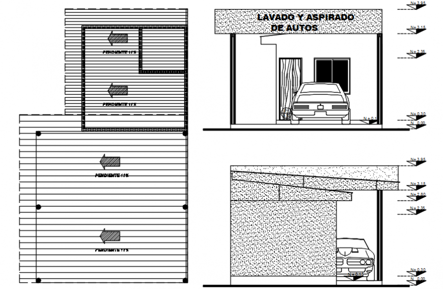 Car wash center elevations and structure cad drawing details dwg file