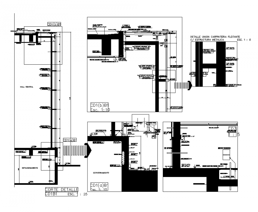 Carpentry detail floating metal structure layout 2d view dwg file