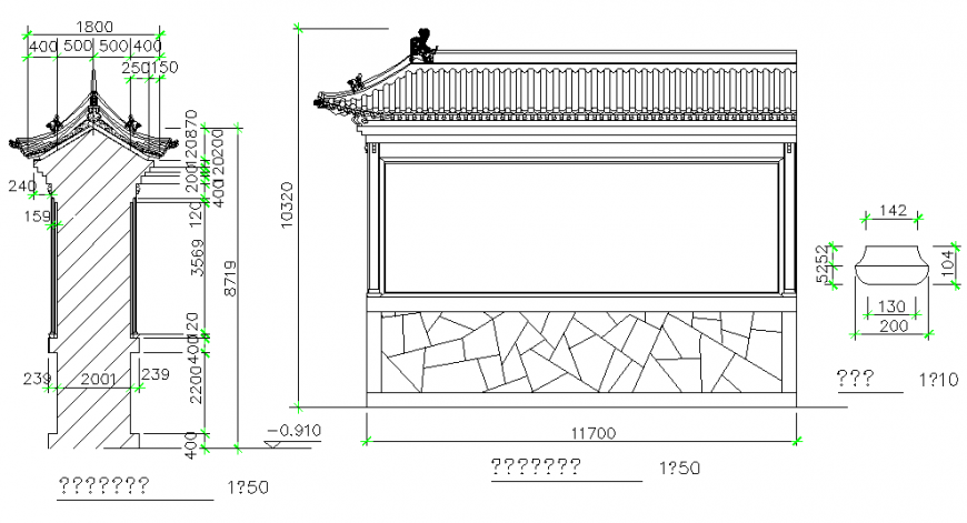 Carved wall building block elevation and section dwg file