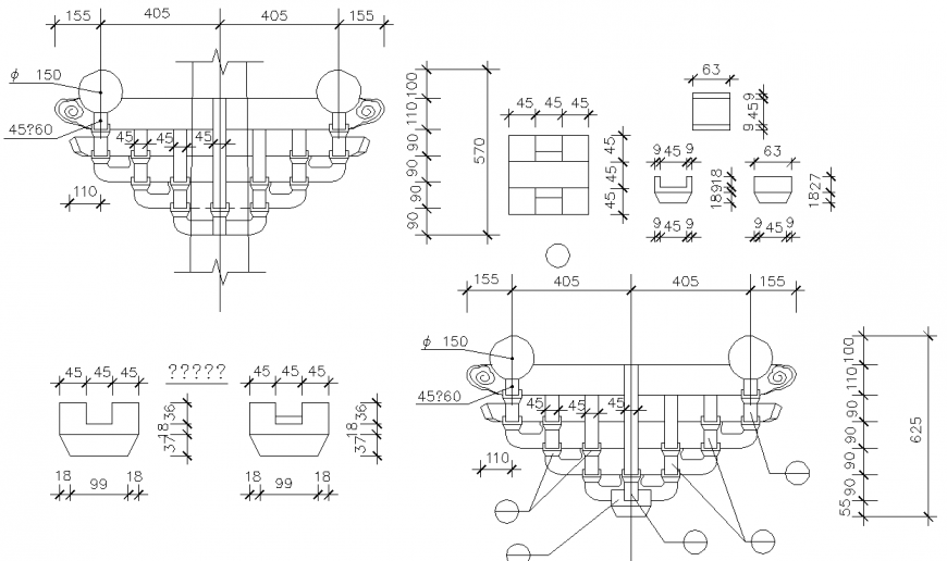 Carving on column drawing in dwg file.