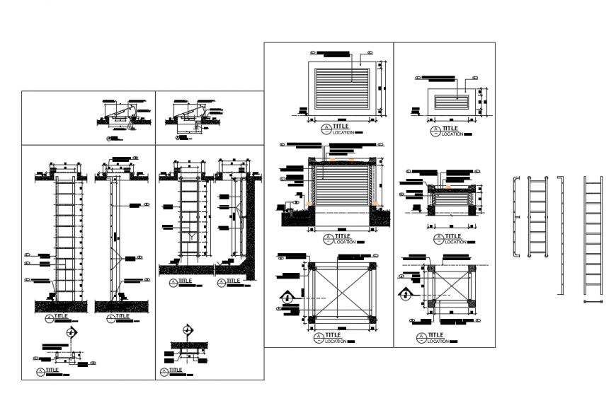Cat ladder and cover hall and air tower elevation, section and structure details dwg file