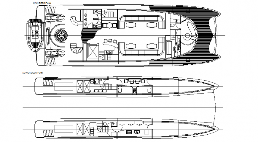 Catamaran main deck and lower deck plan with vehicle dwg file