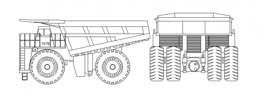 Caterpillar 797 B vehicle block elevation and rear view dwg file