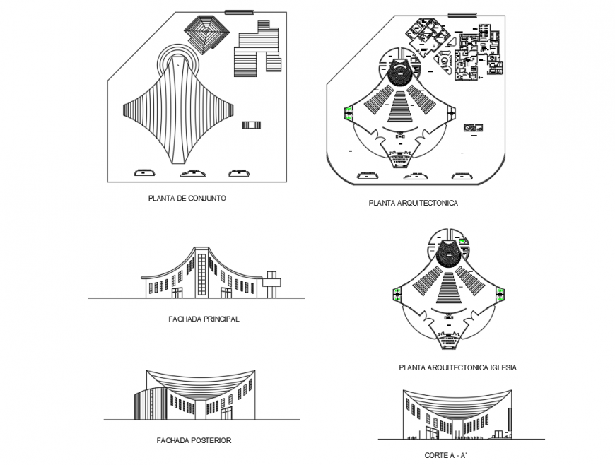 Catholic church elevation, section, floor plan, foundation plan and architecture details dwg file