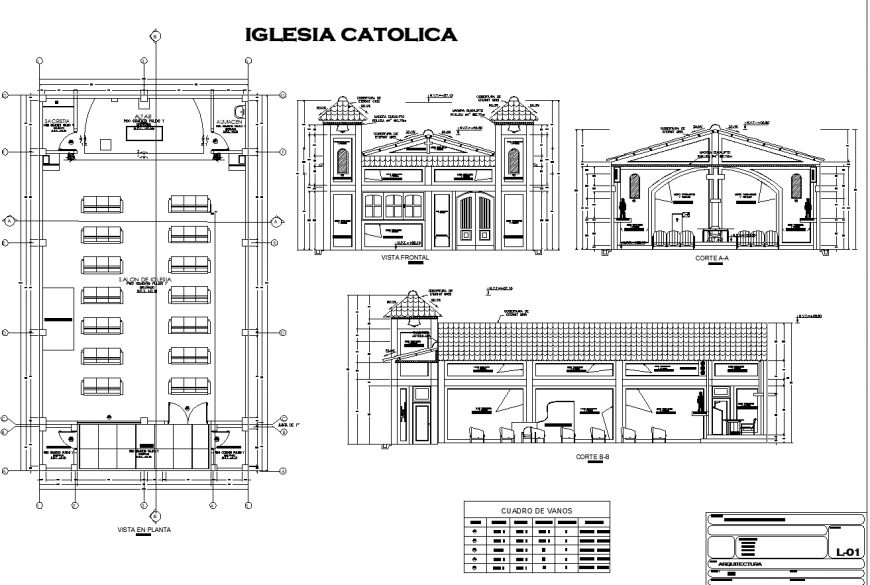 Catholic Church layout plan and elevation drawing in dwg file.