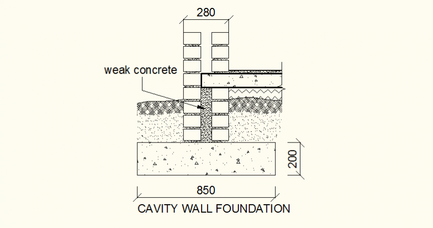 Cavity wall foundation detail plan and elevation autocad file