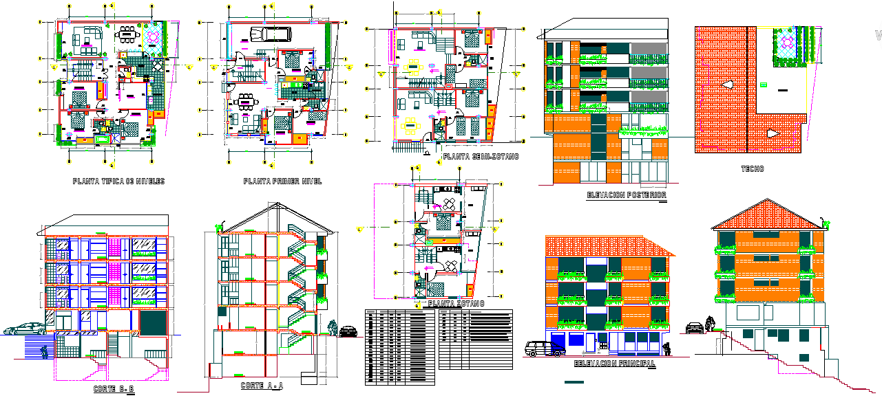 Multi Family House DWG File with Floor Plans Elevation and Section