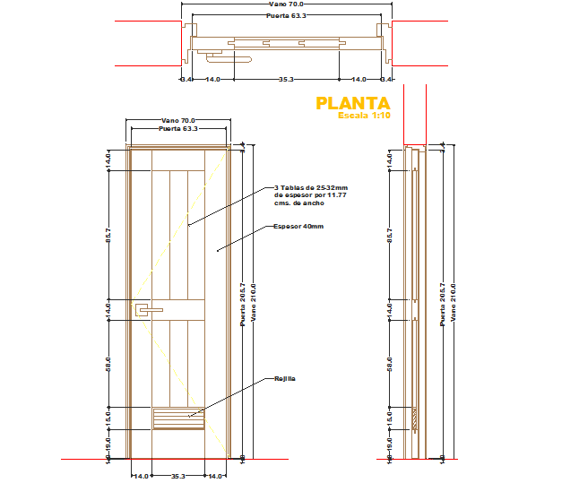 Door AutoCAD Drawing with Plan Section and Elevation Measurements