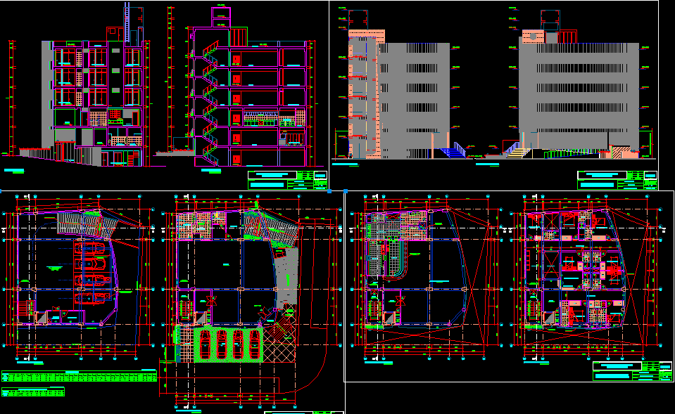 Hostel Building CAD Drawing with Floor Plans, Elevations, and Sections