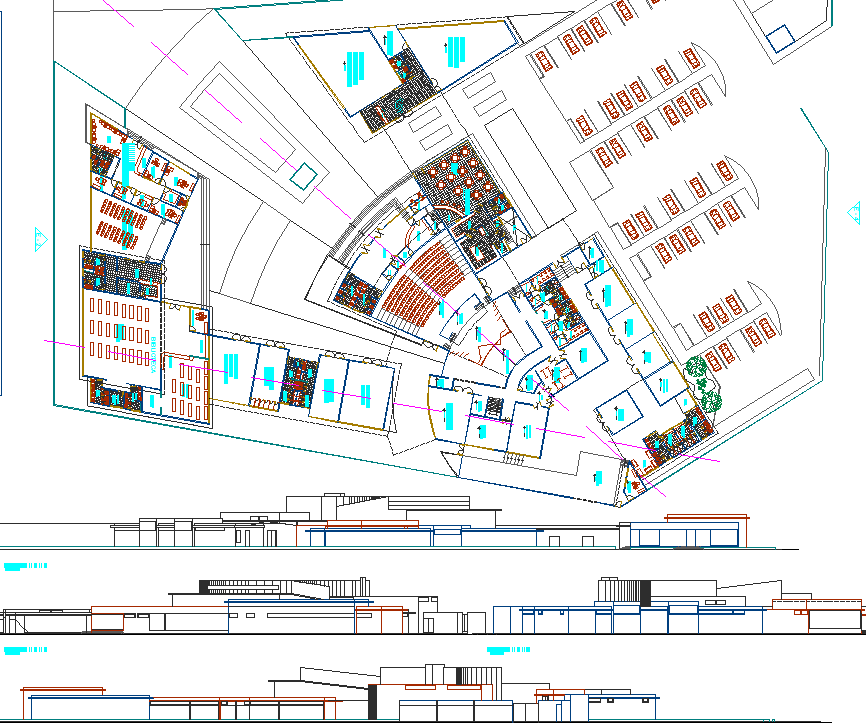 Auditorium Center AutoCAD Drawing with Master Plan and Section Details
