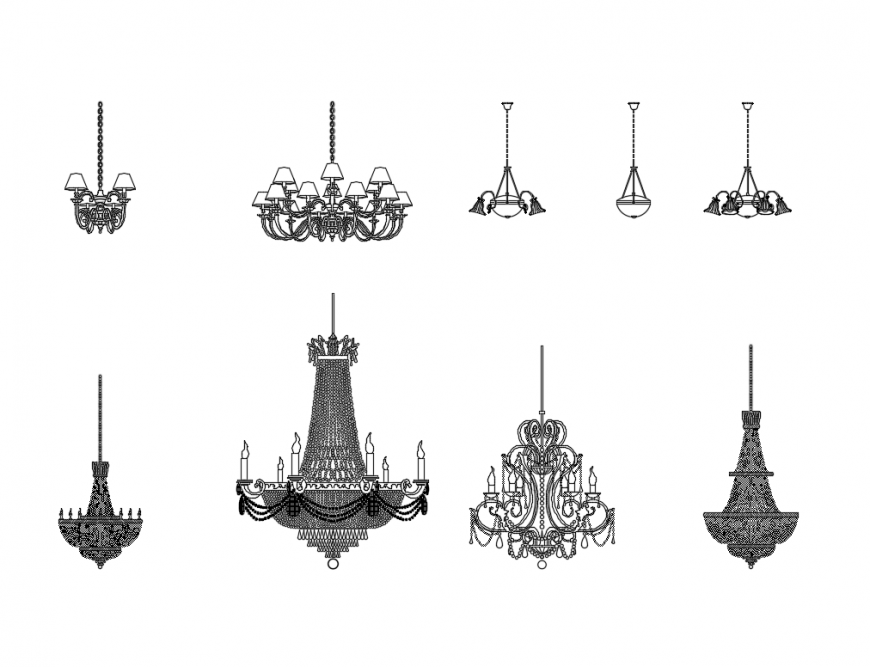 Ceiling decorative chandeliers multiple blocks cad details dwg file