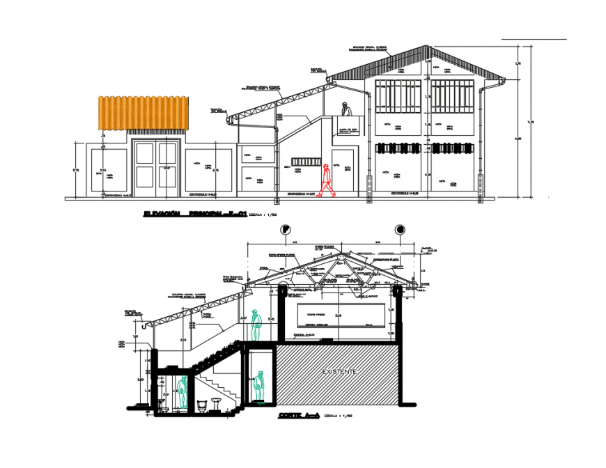 Ceiling elevation and house front and back sectional details dwg file