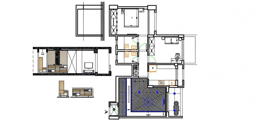 Ceiling plan layout of bedroom and sectional elevation detail dwg file