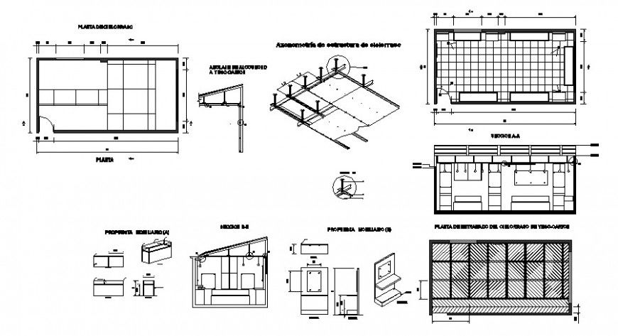 Ceiling structure plan, elevation and detail in auto cad
