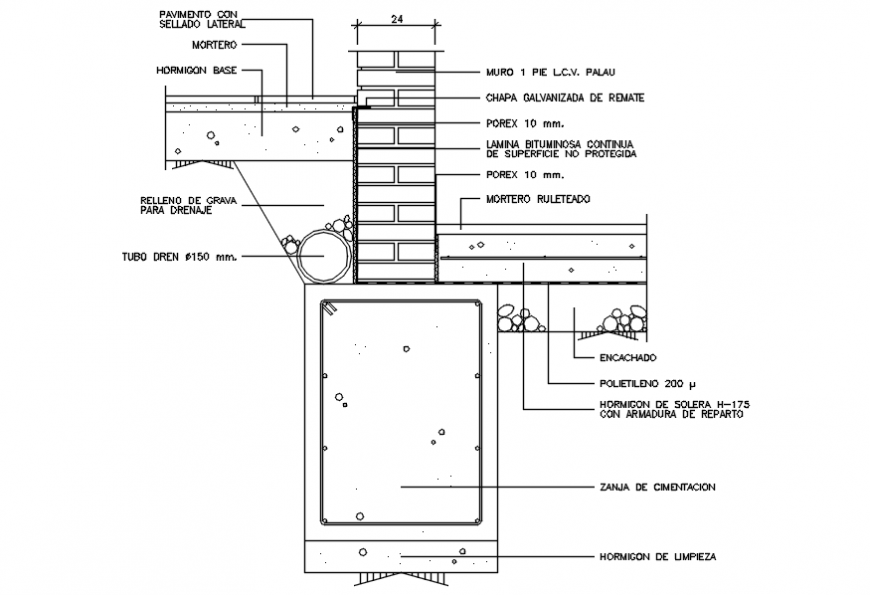Cellar foundation with column and brick wall cad drawing details dwg file