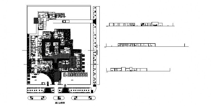 Celo general hospital elevation, section and distribution plan drawing details dwg file