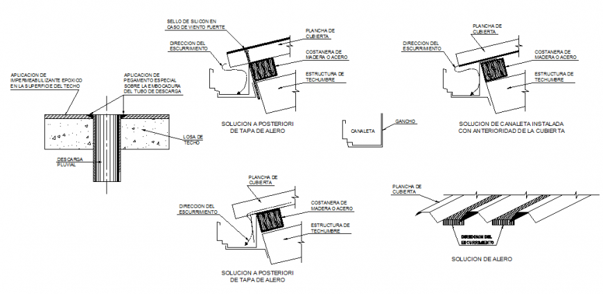 Cement and steel sheet roof section drawing in dwg file.