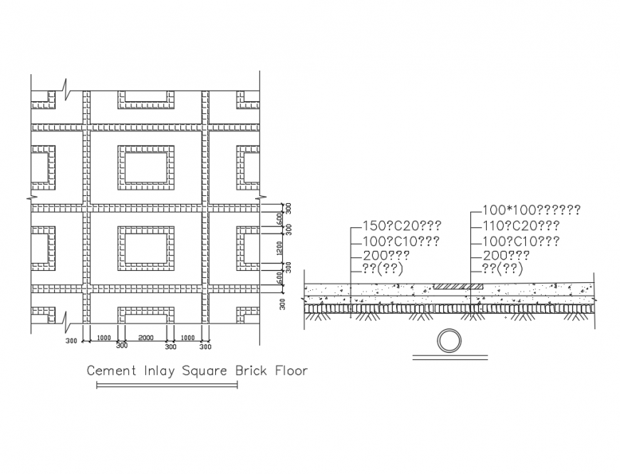 Cement inlay square brick floor cad drawing details dwg file