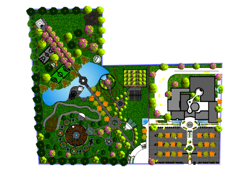 Central theme adventure park landscaping and structure plan details dwg file