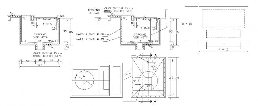 Ceramic water tank section, plan and plumbing structure drawing details dwg file
