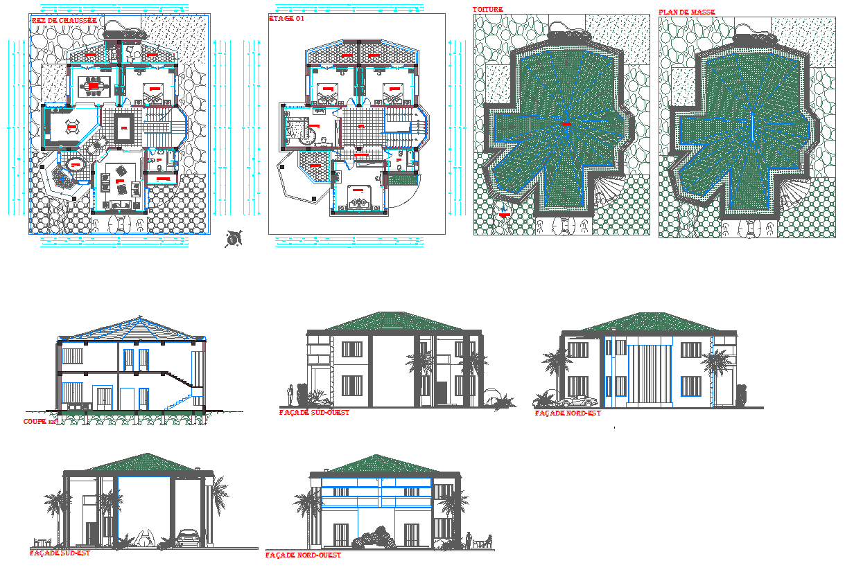 Villa Design CAD Drawing with Floor Plans and Elevation Views