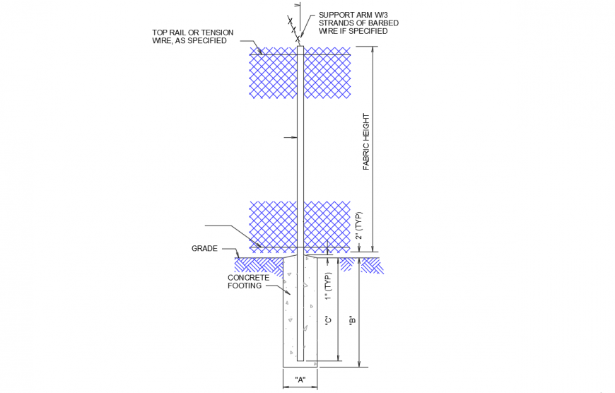 Chain link fence foundation cad structure drawing details dwg file