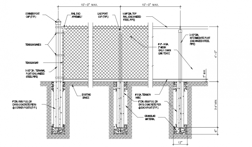 Chain Link Fence Section CAD Drawing with Complete Installation Detail