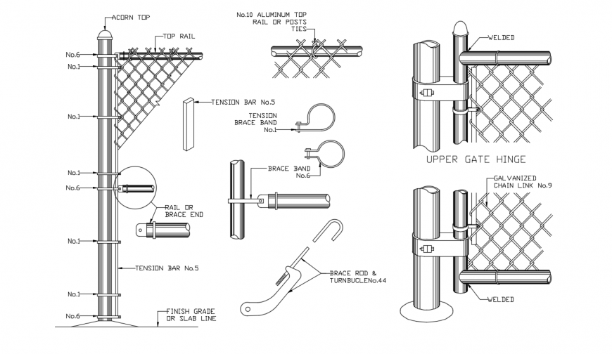 Chain link metallic fence installation details dwg file