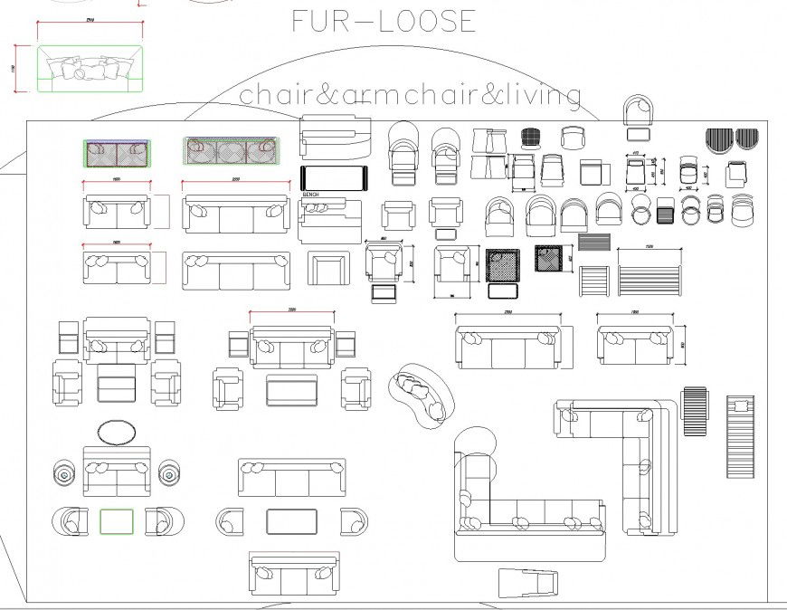 Chair, armchair and living room furniture plan
