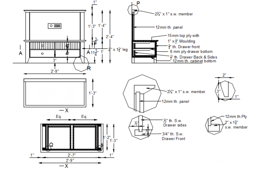 Chair and table of bedroom elevation, section and carpentry details dwg file