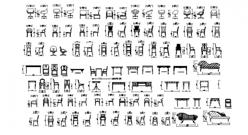 Chair and table units of furniture blocks drawing 2d view autocad file