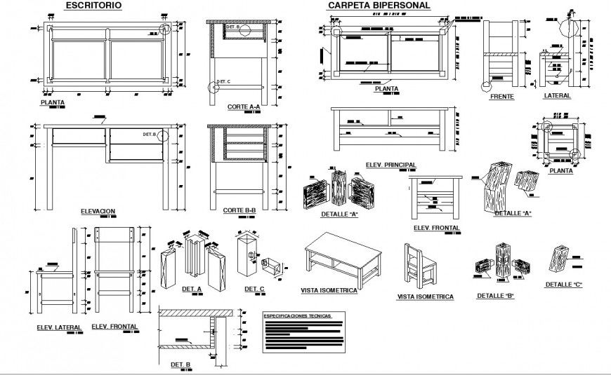 Chair and table working and joinery detail in dwg file.