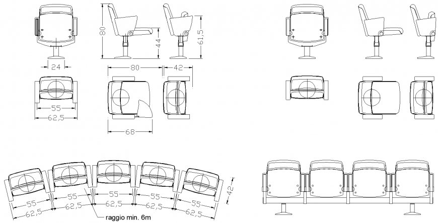 Chair block detail drawing use in auditorium in dwg file.