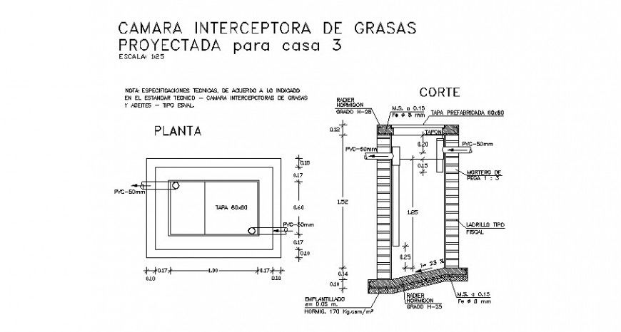 Chamber interceptor of projected greases for house cad structure details dwg file
