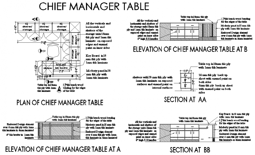 Chief Manager table detail drawing in dwg AutoCAD file.