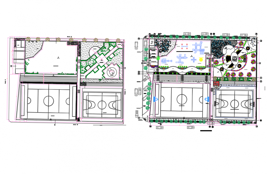 Children adventure park and sports park landscaping structure details dwg file