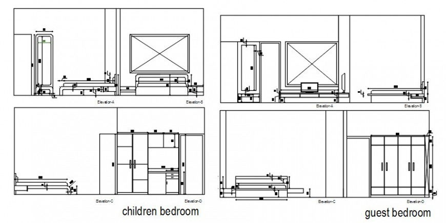 Children and guest bedroom section with interior drawing details dwg file