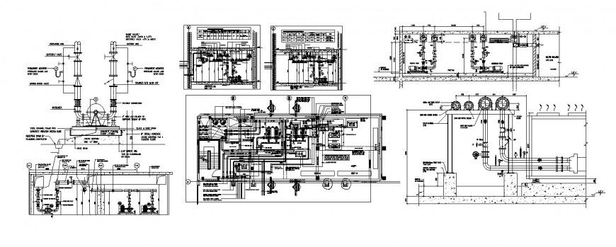Chilled water pump room section, plan and processing plumbing details dwg file
