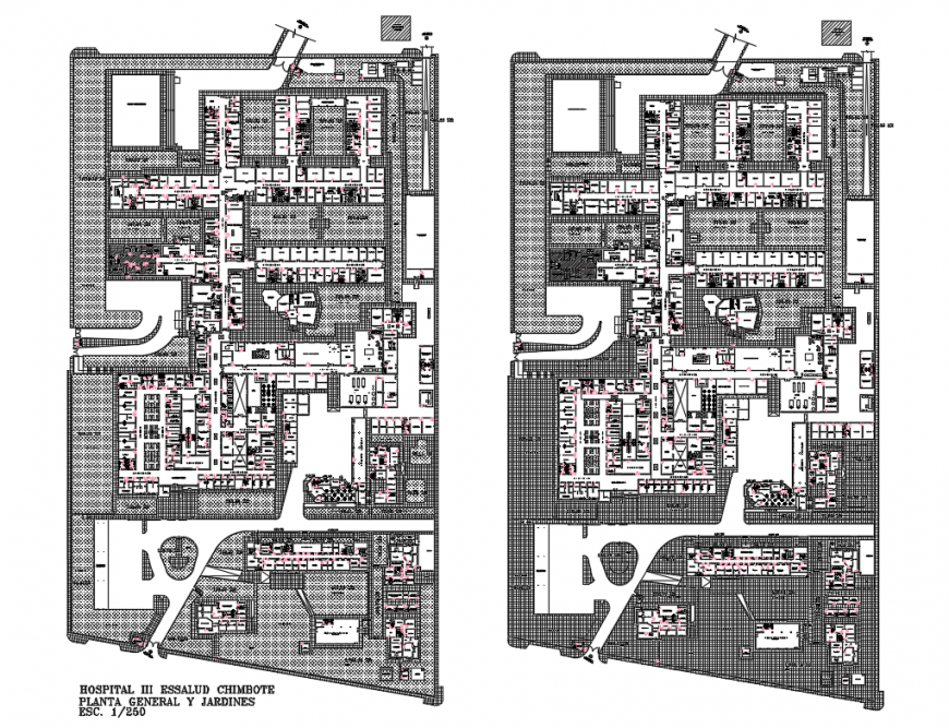 Chimbot multi-level hospital general plan and garden details with layout plan dwg file